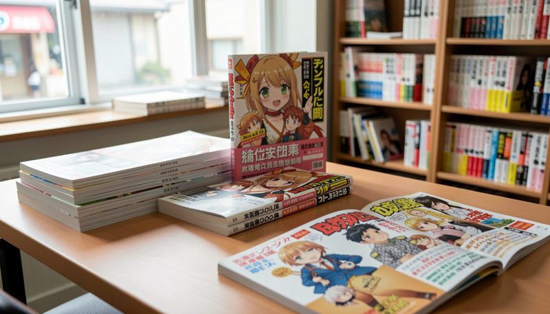 Pila di grossi settimanali di fumetti con copertine colorate e dorsi consumati impilati sul banco di una edicola